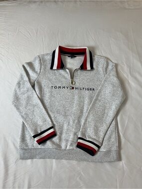 Tommy Hilfiger Light Gray Half-Zip Sweater with Red & Navy Trim